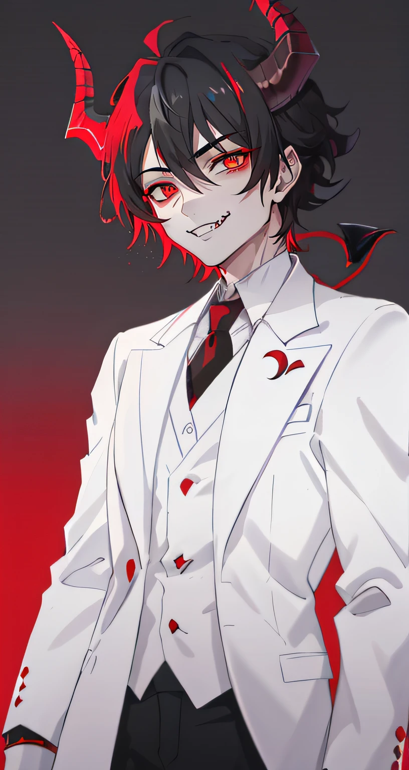 Male, Young, Smirk, Crimson Eyes, Snake Pupils, Snake Eyes, Light Grey Skin, Vampire Fangs