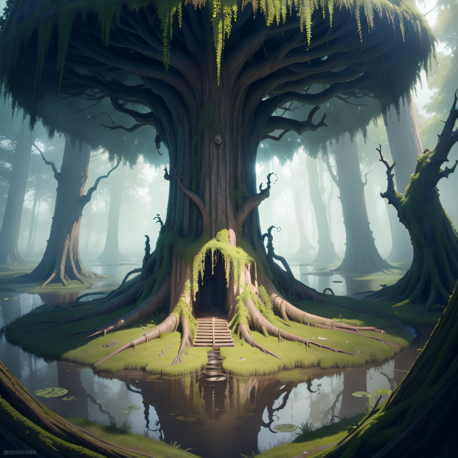 Poisonous swamp,Giant tree in the center,Huge worms