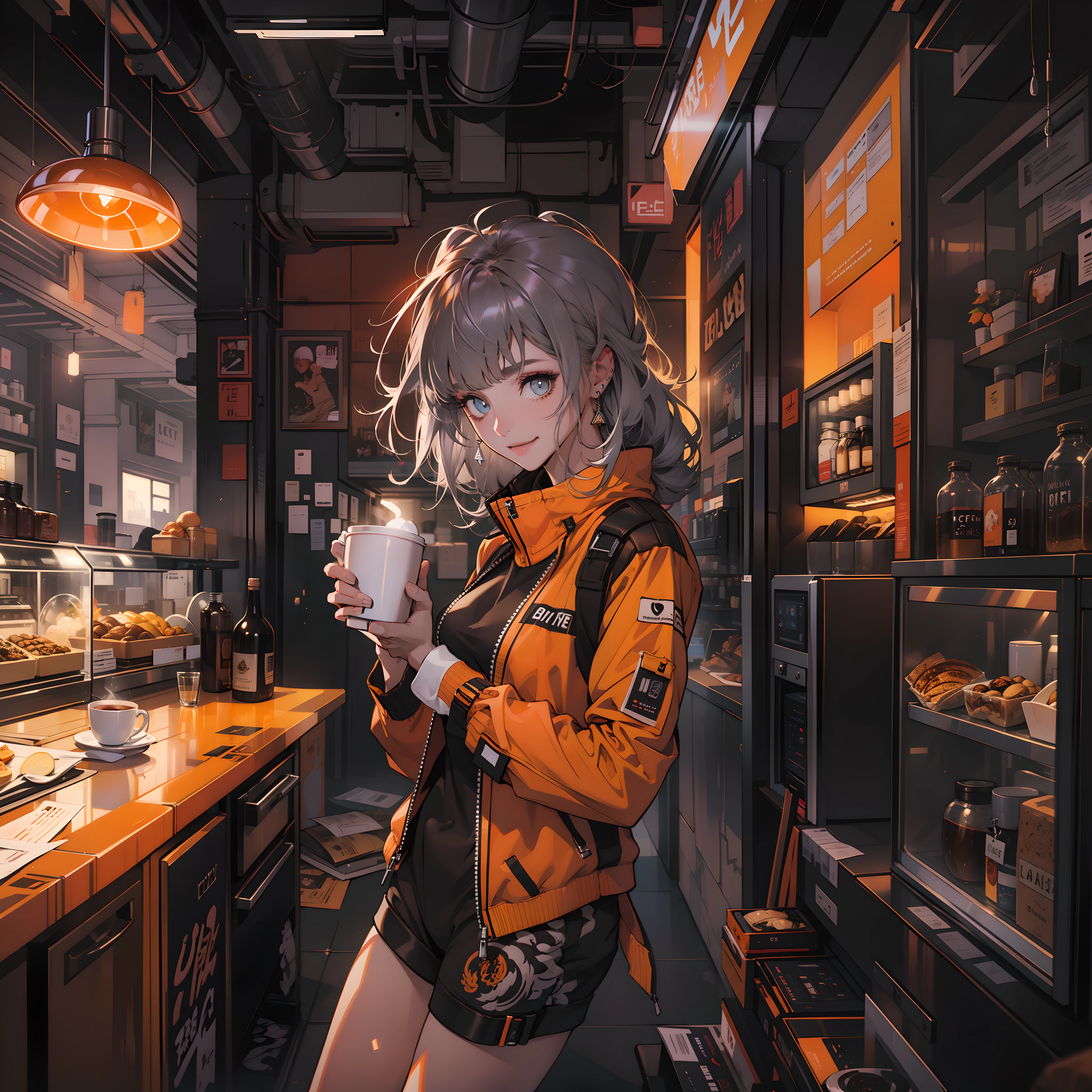 Best quality，tmasterpiece，Ultra-high resolution fills the picture，Indoor at night，Cafe in the sky,Orange color scheme for the café,There was coffee and wine,the night,inside in room，Coffee machine,Coffee lockers,Orange neon color scheme,Silver-white hair，Black fashion clothing，Orange and black matching outfits,boxer，Cafe beautiful girl，cyberpunk backgrouns,The background is colorful，Lateral face，Smiling，Various laid-back poses，Perfect makeup，Love eyes，8K quality，cyber punk perssonage，sense of science and technology，Character backlighting，rim-light，Movement changes，Flowing hairstyle，Loose hairstyle,The number of fingers is refined，The most beautiful girl in mankind，Wearing earphones，Luminous accessories,Luminous earrings,Wear delicate accessories,Delicate close-up of the face，Realistic image quality，Super light and shadow，Very good figure，Meticulous，Have a cup or coffee on the roof in the evening，Very good figure，Raised sexy,luminous,Cool，Very stylish café,Cafe at night,Ray gorgeous,Have food,Laugh happily,