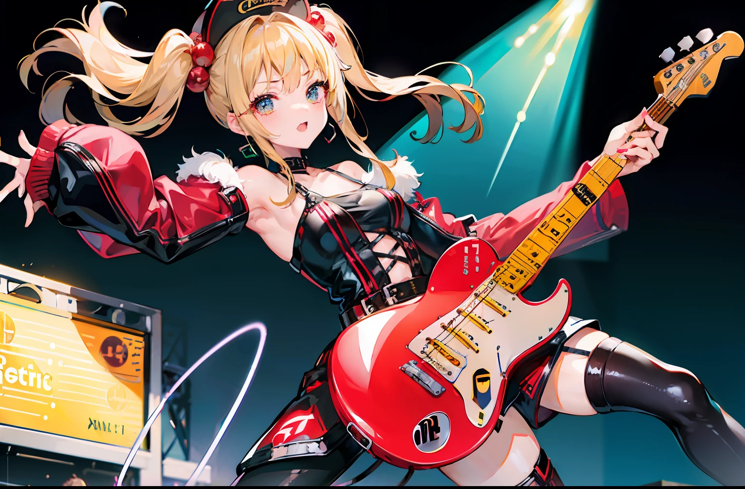 (masterpiece、top-quality、hight resolution:1.2)、1girl in、独奏、T、(electric guitars:1.6)、Rocker Chic、furred\(garments\)、Black legwear、Hat Bobble、stage、stage lighrt、audience、a blond
