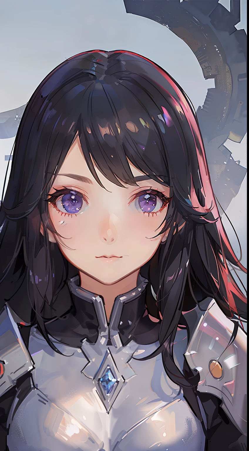 young girl, Long black hair, violet eyes, Men's armor, Masterpiece, hiquality