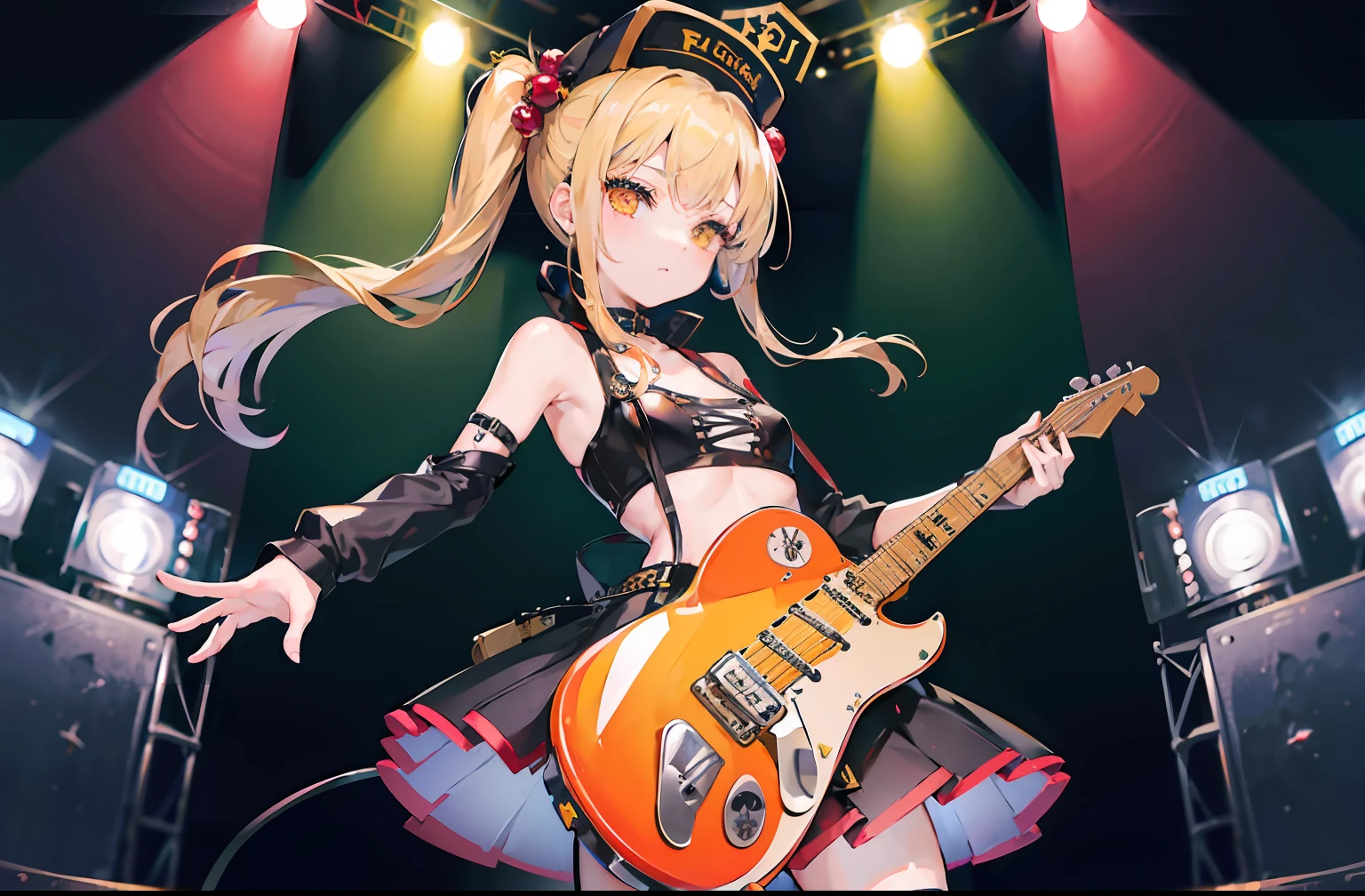 (masterpiece、top-quality、hight resolution:1.2)、1girl in、独奏、T、(electric guitars:1.6)、Rocker Chic、furred\(garments\)、Black legwear、Hat Bobble、stage、stage lighrt、audience、a blond