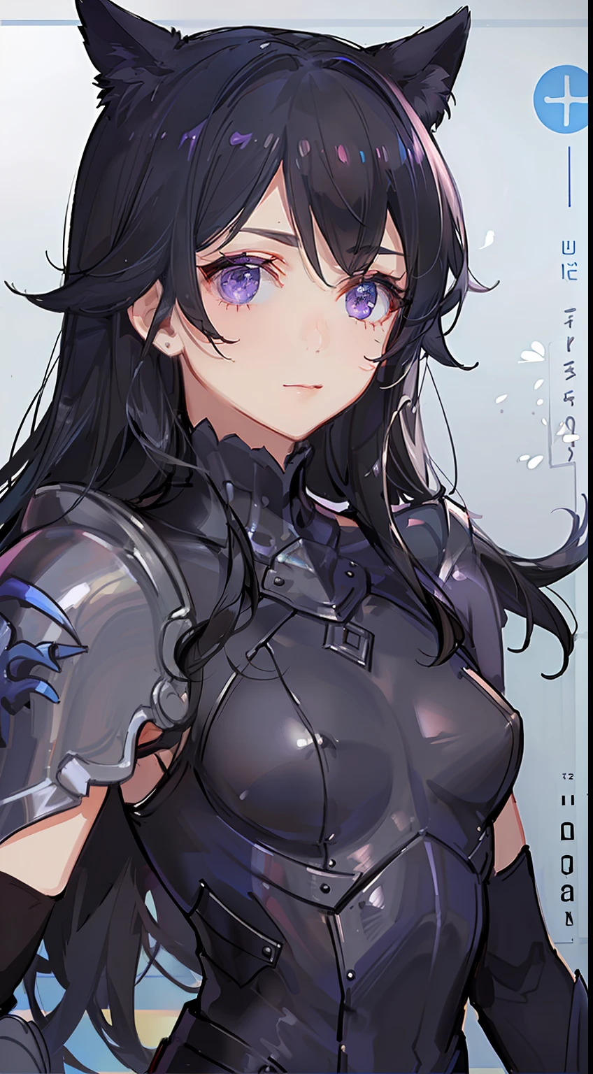 young girl, Long black hair, violet eyes, Men's armor, Masterpiece, hiquality