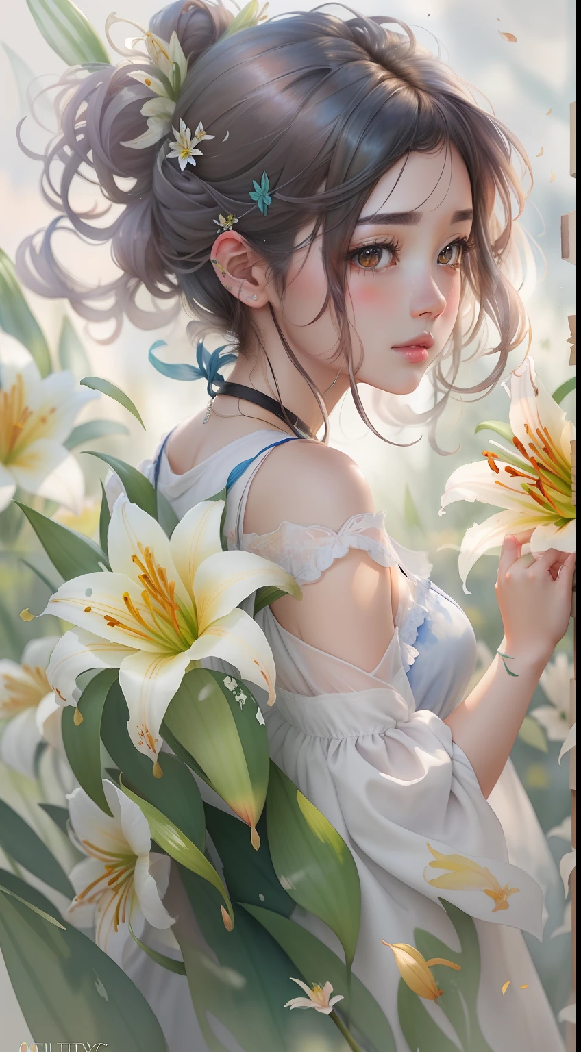 wtrcolor style、(lilies)Digital Art、offcial art、blown by the wind、​masterpiece、Beautiful fece、(watercolor paiting))、Paint Splatter、intricate detailes。awesome details、[dripped out:0.5]、trending on artstationh、Rachel Walker、MSE painting Agnes Cecil Woman