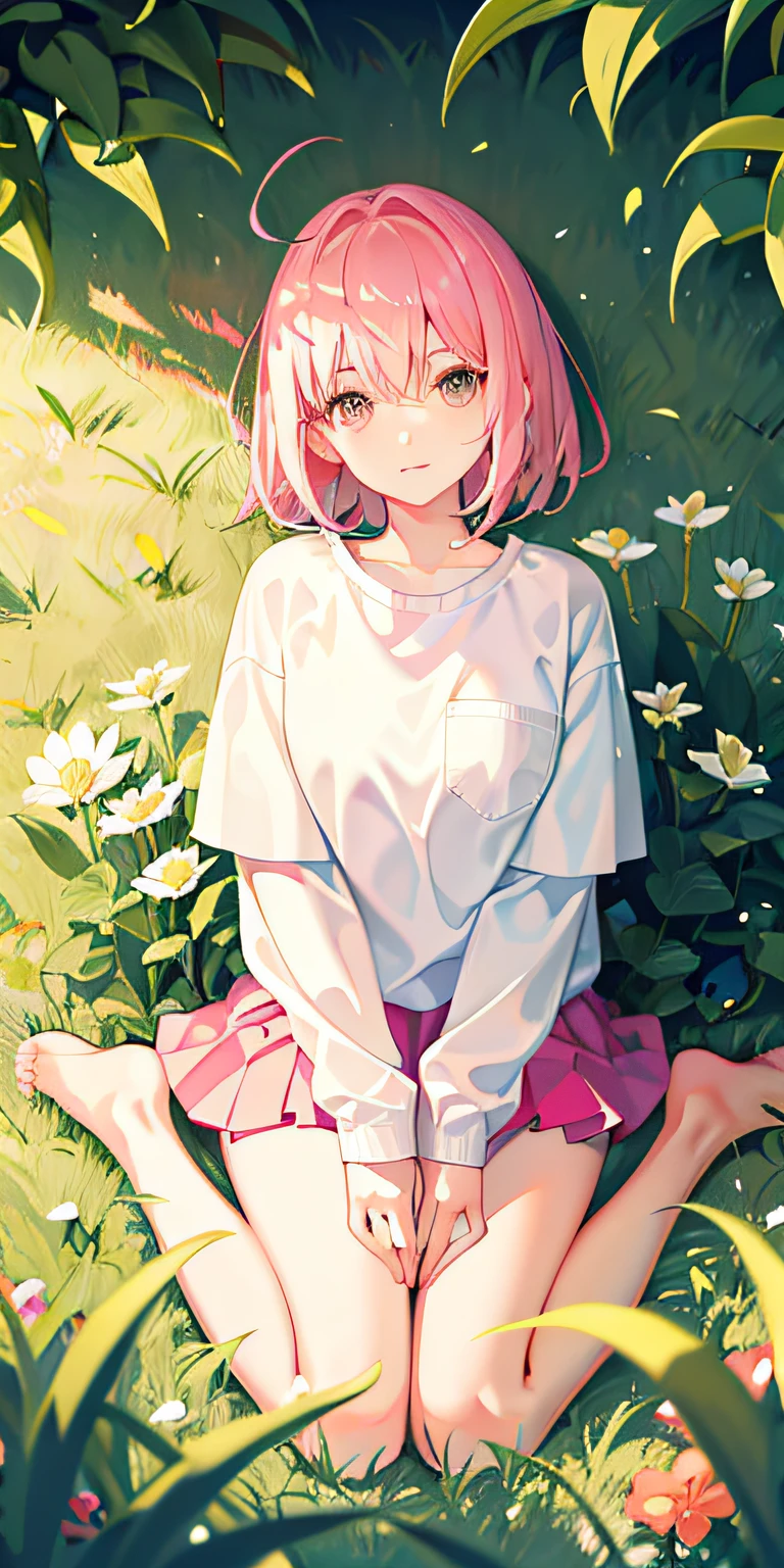 white panties,Pink Bob head,Kneel on the grass,Spread your legs apart,denimpants with pinksweater,mini-skirts,Barefoot,thick thight,with fair skin,is shy