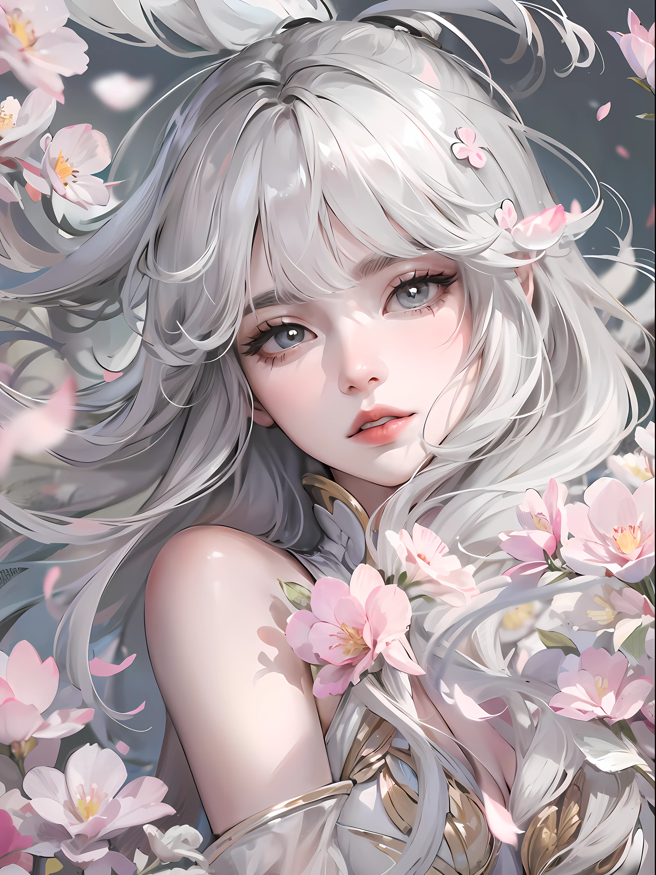 8K masterpiece superlative, anime woman, cold wind realistic portrait, sister, silver white long hair woman, long hair, light pink lips, calm and rational bangs, gray pupils, flower background, petals dancing, delicate face