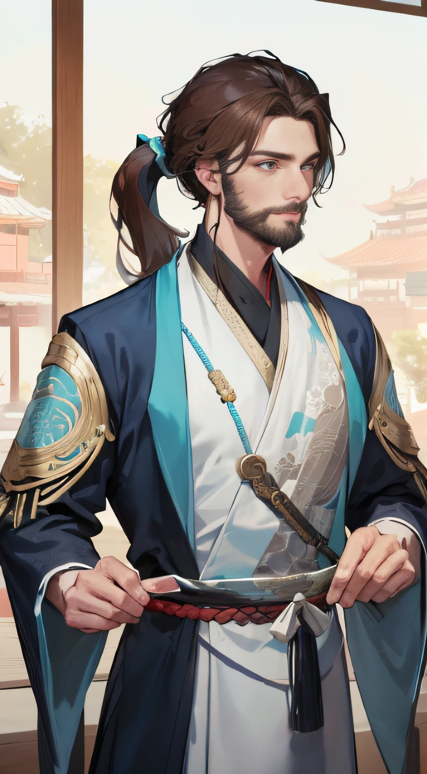 Masterpiece, Best quality, Daytime, 1 man, (Middle Age), (sbeard)Chinese style, Ancient China, Chinese palaces, ssmile, Turquoise brown hair, grey blue eyes, split ends, Long hair, Long bangs, pony tails, Handsome, Handsome, Masculine, Serious, gentle, Tall, Quiet, light blue attire, Unicorn pattern,