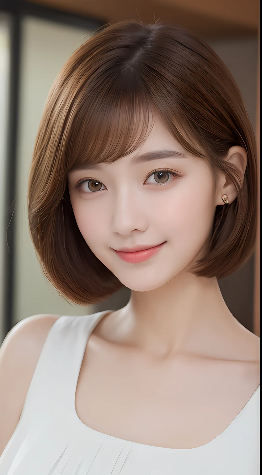 ((Best Quality, 8K, Masterpiece: 1.3)), 1 Girl, Slim Abs Beauty: 1.3, (Hairstyle Brown Hair Shortcut, Big: 1.2), Dress: 1.1, Super Slender Face, Delicate Eyes, Double Eyelids, Smile, Home, Raw Photo