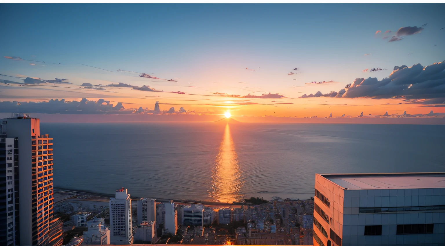 Modern city sunset sea view