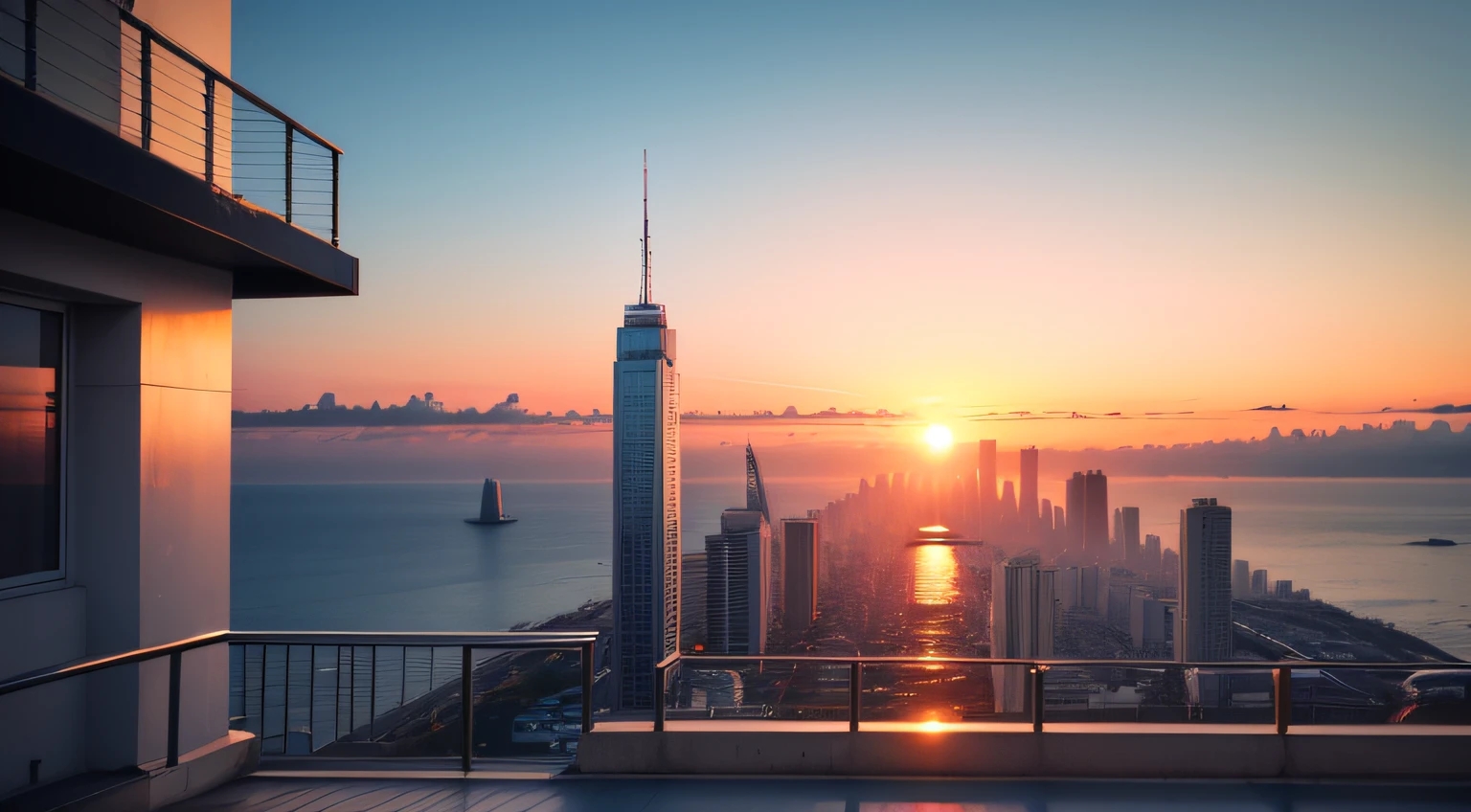 Modern city sunset sea view