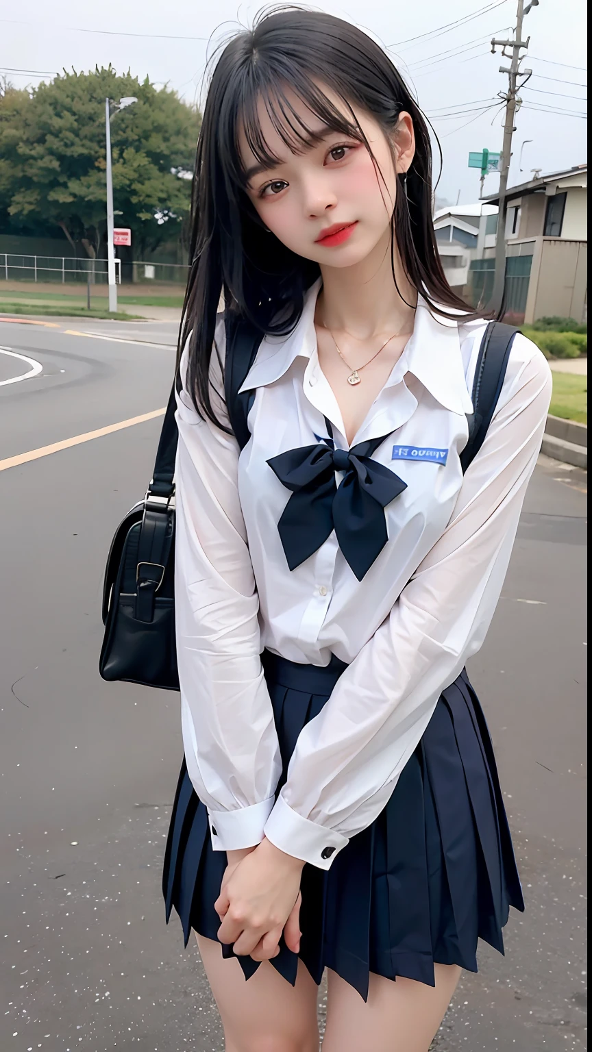 ((top-quality、​masterpiece))、Raw photography、8K、top-quality、 超A high resolution、Beautiful face in every detail、Realistic human skin、Gentle expression、front-facing view、Farbe々From an angle、length hair、realisitic、Photorealsitic、cute little、a short skirt、cute school girl、Japan schoolgirl wearing uniform、Surreal High School Girl、outside of house、wrist watch、(Sateen:1.4)、a necklace、getting wet、I see underwear、Wet clothes、shelter、School bag、wetting hair、Bus stop、station、Under the roof、Suny、