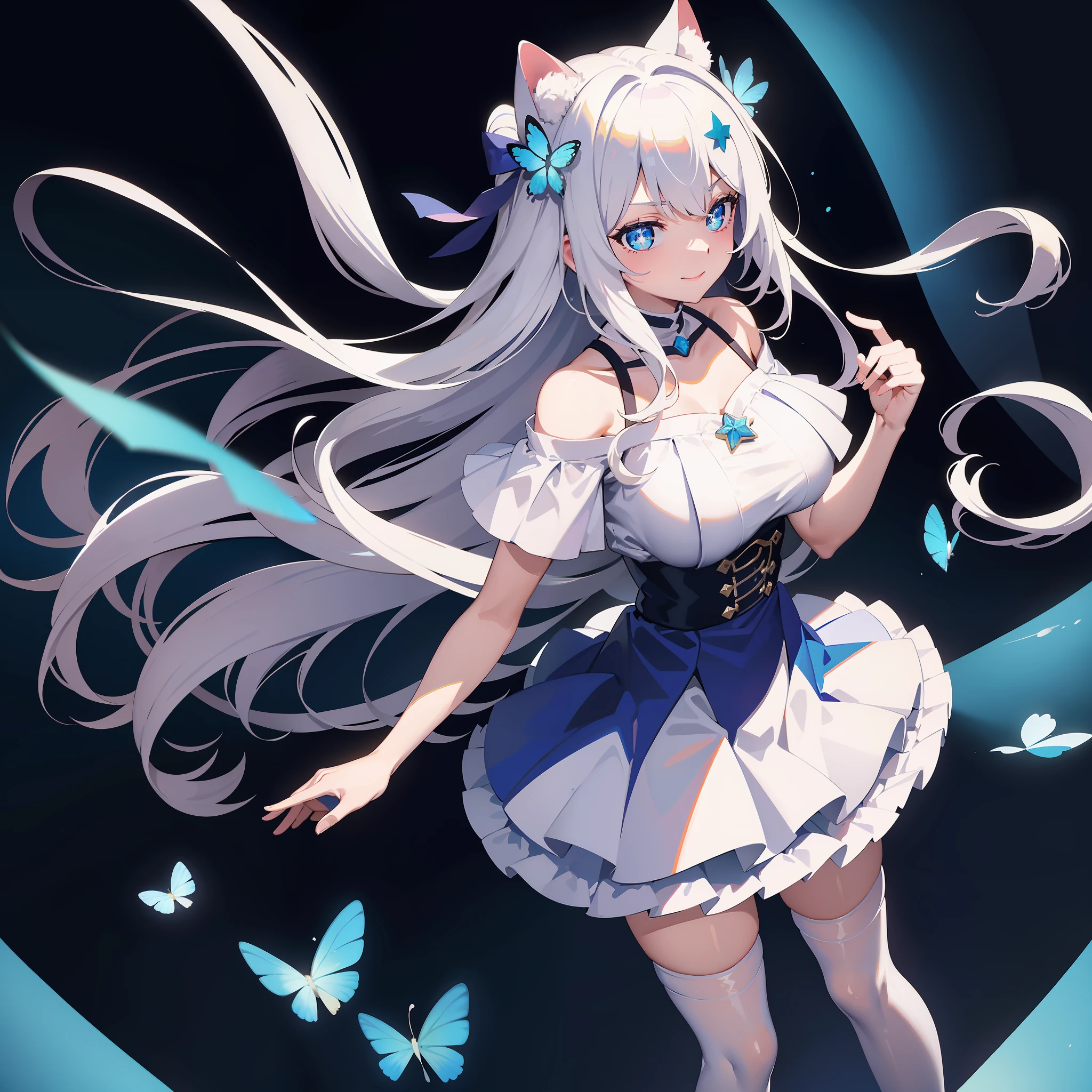 2D, tmasterpiece, best qualtiy, anime big breast, highly detailed, solo person, 独奏, White hair, long whitr hair, cat ear, Off-the-shoulder white shirt, Pleated skirt in blue color, mediuml breasts, standing on your feet, florals, ssmile,one-girl,blue colored eyes,Star eyes,blue butterfly hair ornament,Leg rings,white stockings,Sandbar loves songs