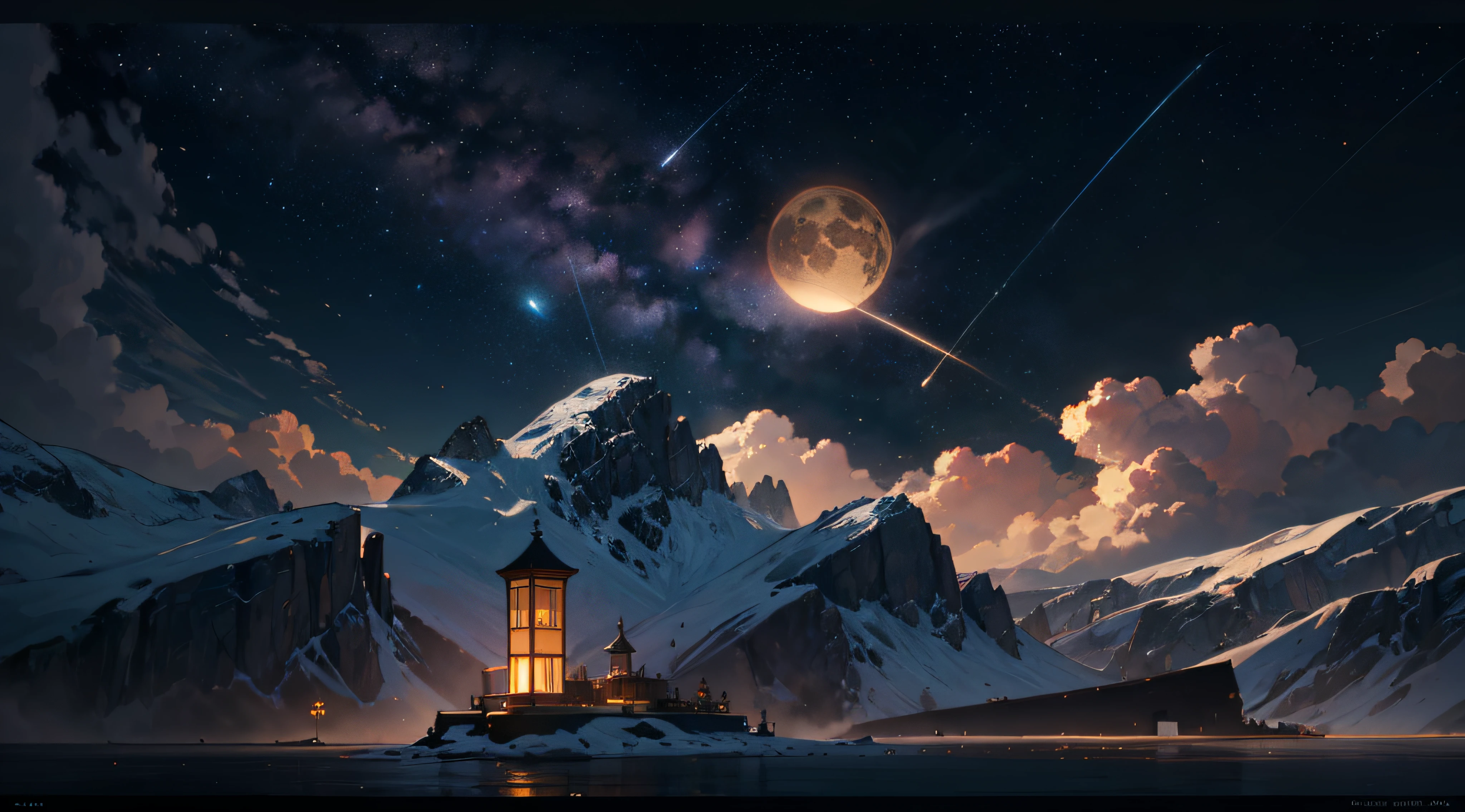 Expansive landscape photograph,(moon full:1.2),(meteors:0.9),(Starcloud:1.3),(Warm light source:1.2),(glowworm:1.2),lamp lights,Lots of purple and orange,Complicated details,Volumetriclighting,Realism BREAK(tmasterpiece:1.2),(best qualtiy),8K,Ultra-detailed,(dynamic compositions:1.4),The is very detailed,Colorful details,(Irridescent color:1.2),(luminouslighting,Atmospheric lighting),dream magical,magical,(独奏:1.2),((best qualtiy)), ((tmasterpiece)), (the detail:1.4),depth of fields,maximum definition and sharpness,perfectly proportions,Fluttering clouds,Wallpapers