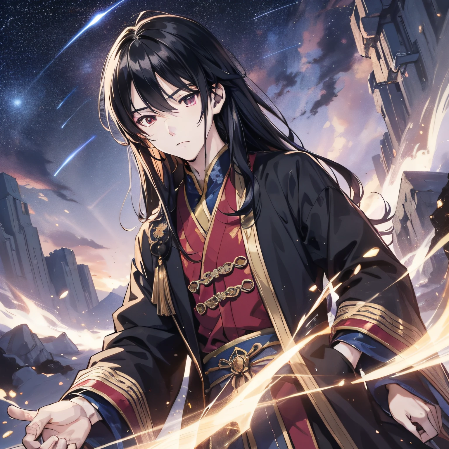 Ancient Chinese long black hair and wearing Taoist robes about 18 years old anime young man,(Frow expression 1.5)(Rage 1.2)(The background is the starry sky 1 at the top of the mountain.5)Anime style 4 K,Anime rendering,style of anime。8k,Handsome anime face,Handsome costume boy(Upper body display 1.5)(Handsome boy 1.3)(Cinematic lighting 1.5)Vicissitudes 1.5