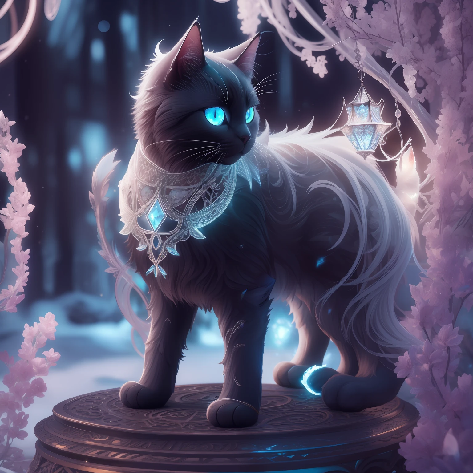 side view, Cute and dark cat, glowing crystal, hoarfrost metal lace, fantasy, halo, intricate detail. 8k, dreamlike, surrealism, super cute, symmetrical, soft lighting, intricate details, highly detailed, unreal engine, full pose