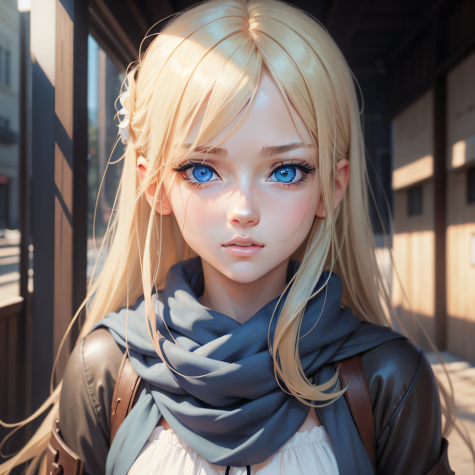 anime, girl, blue eyes, blonde, blue scarf, blue eyes, blue eyes, blue eyes, blue eyes, blue eyes, blue eyes, blue eyes, beautiful anime portrait, stunning anime face portrait, detailed digital anime art, beautiful anime girl, beautiful anime face, a portrait of a blue eye girl, detailed portrait of anime girl, digital anime art