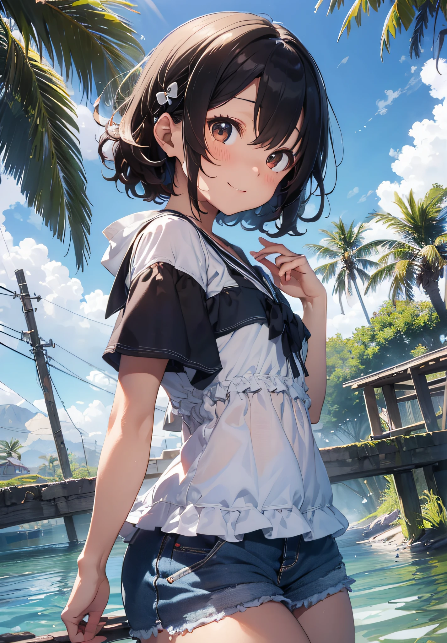 (((masterpiece))、(((top-quality))、((extremely delicate and beautiful))、(Highly detailed CG Unity 8K wallpapers:1.3)、very delicate light、(Back lighting)、(steampunc)、
/=、
(((cowboy body))、(1loli:1.3)、独奏、(小柄)、(small tits)、(Yellow swimsuit)、High Waist Shorts、Vermilion hair、red eyes、耳环、(Wavy Curly Shorthair)、(Ahoge)、(Cute face:1.114)、(finely eye:1.15)、(cute face:1.114)
、(Beautiful fine eyes and beautiful face:1.15)、
Girl with a smile、Look happy in a beautiful tropical landscape。Behind her the sun went down、Bring a warm glow to the scene、It creates a dreamy atmosphere。In the distance、Palm trees swaying in the breeze、sand beach、suns、the beach、mare、Horizon, etc.、It creates a laid-back retro atmosphere。wakame、wakame、wakame、wakame、wakame、wakame、wakame wakame、wakame、wakame、wakame、wakame、wakame、wakame