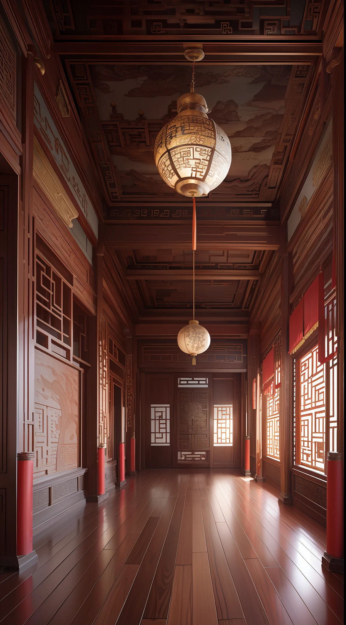 A hall of ancient Chinese architecture，Exquisite interior，Depth of field effect，Be imaginative，fanciful，senior color matching，Can't believe how beautiful it is，spectacular，Face，K