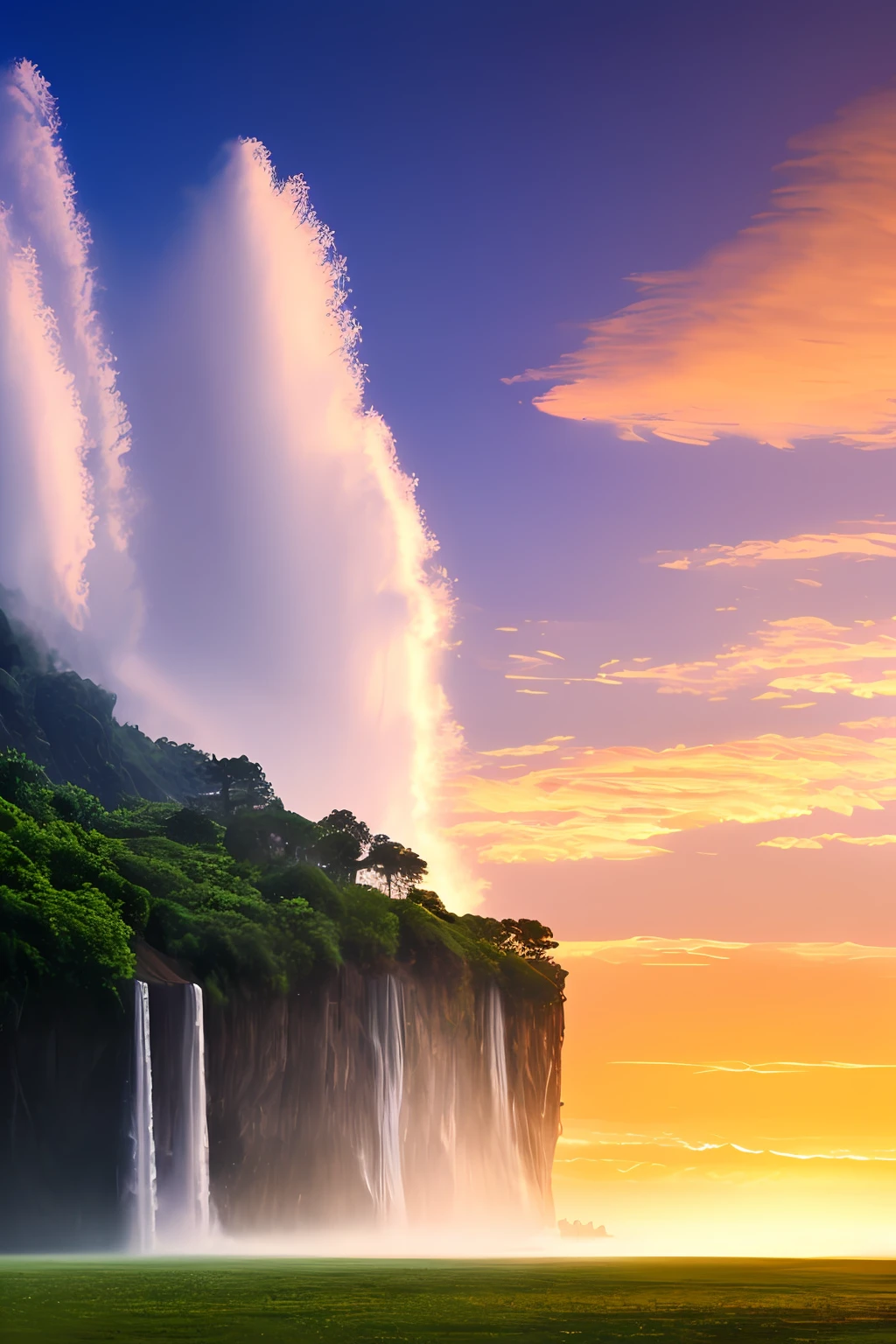 Masterpiece, ultimate quality, Cg unity 8k wallpaper, super delicate, beautiful sky and clouds, rich natural scenery, cliffs, lakes and rivers, waterfalls and flying water, beautiful green mountains, no trace of people, excellent scenery, has already won a photo contest, background Blurring, full depth of field, HDR high dynamics, true restoration, intricate, extreme details, dramatic presentation, perfectly presenting the style of midjourney art.