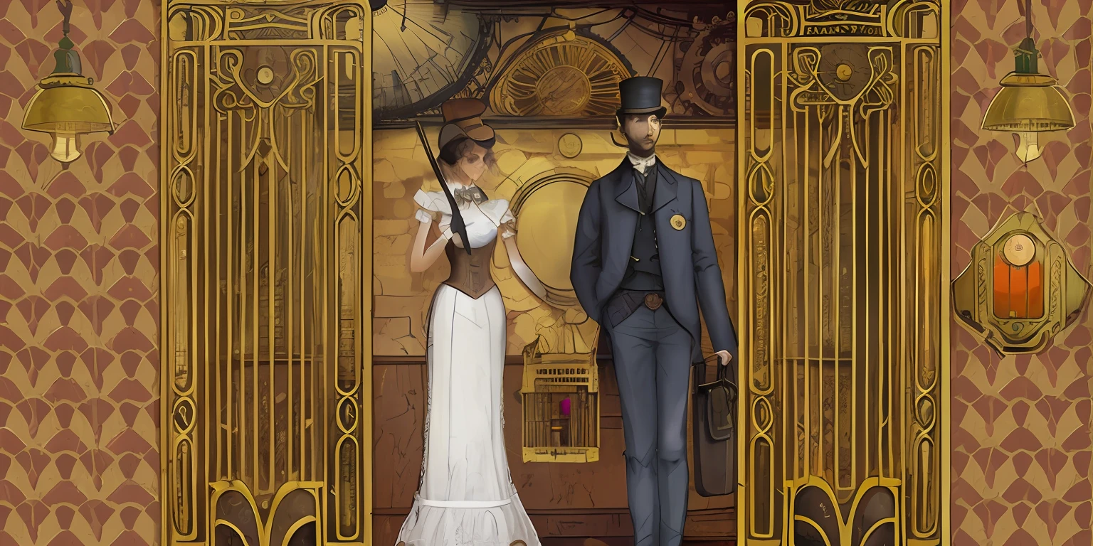 Hay un hombre y una mujer vestidos con ropa victoriana parados en una puerta., Ciencia victoriana inspirada - fi, detailed steampunk illustration, Steampunk illustration, Arte digital steampunk, ambos vistiendo ropa victoriana, indsutrial steampunk, Victorian Steampunk City Vista, Themed steampunk images, Mega ciudad victoriana steampunk, Era Steampunk, fantasy victorian art, Ambientado en un mundo steampunk, steampunk fantasy style
