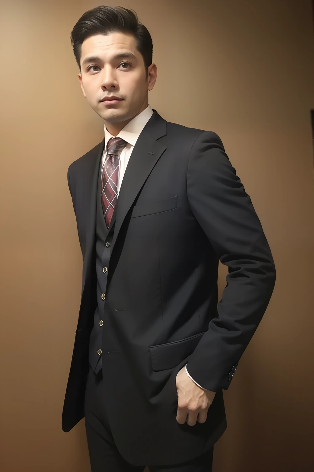 Black suit coat， 18k, {{Masterpiece}}, Best quality, High quality:1.4), simplebackground，（（（brown background））），，{{[[front look}}, Photo pose)]], very pretty look face, And very nice red eyes, 1人, Solo, Portrait of Habibnul Magomedov in a suit and tie, Beard, Serious, Details, Realistic, Photography, The background is blurred out, soft focus