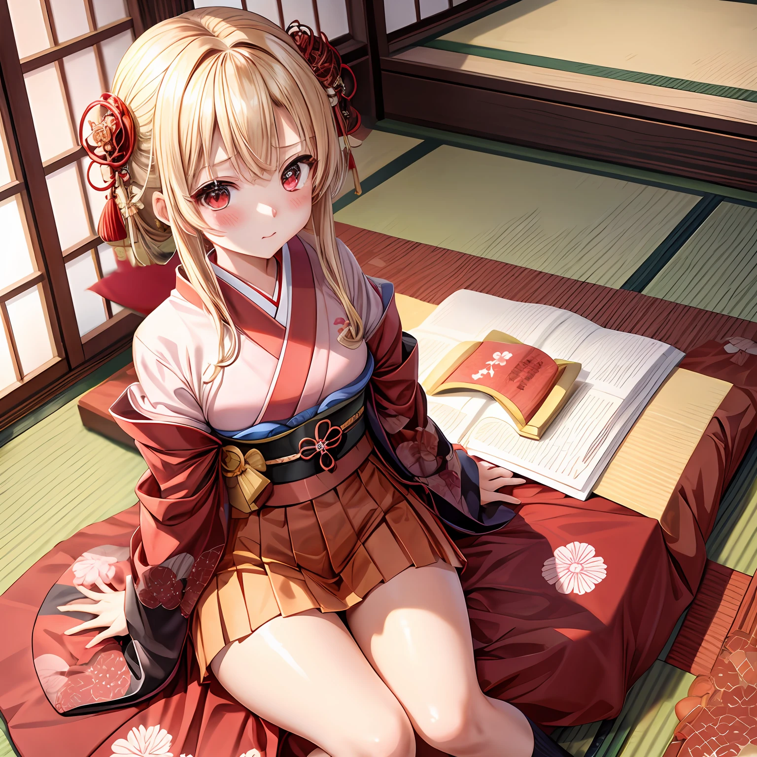 a blond、red eyes、One girl、kawaii、animesque、Kimono、a miniskirt、red blush、traditional Japanese room、sitting on