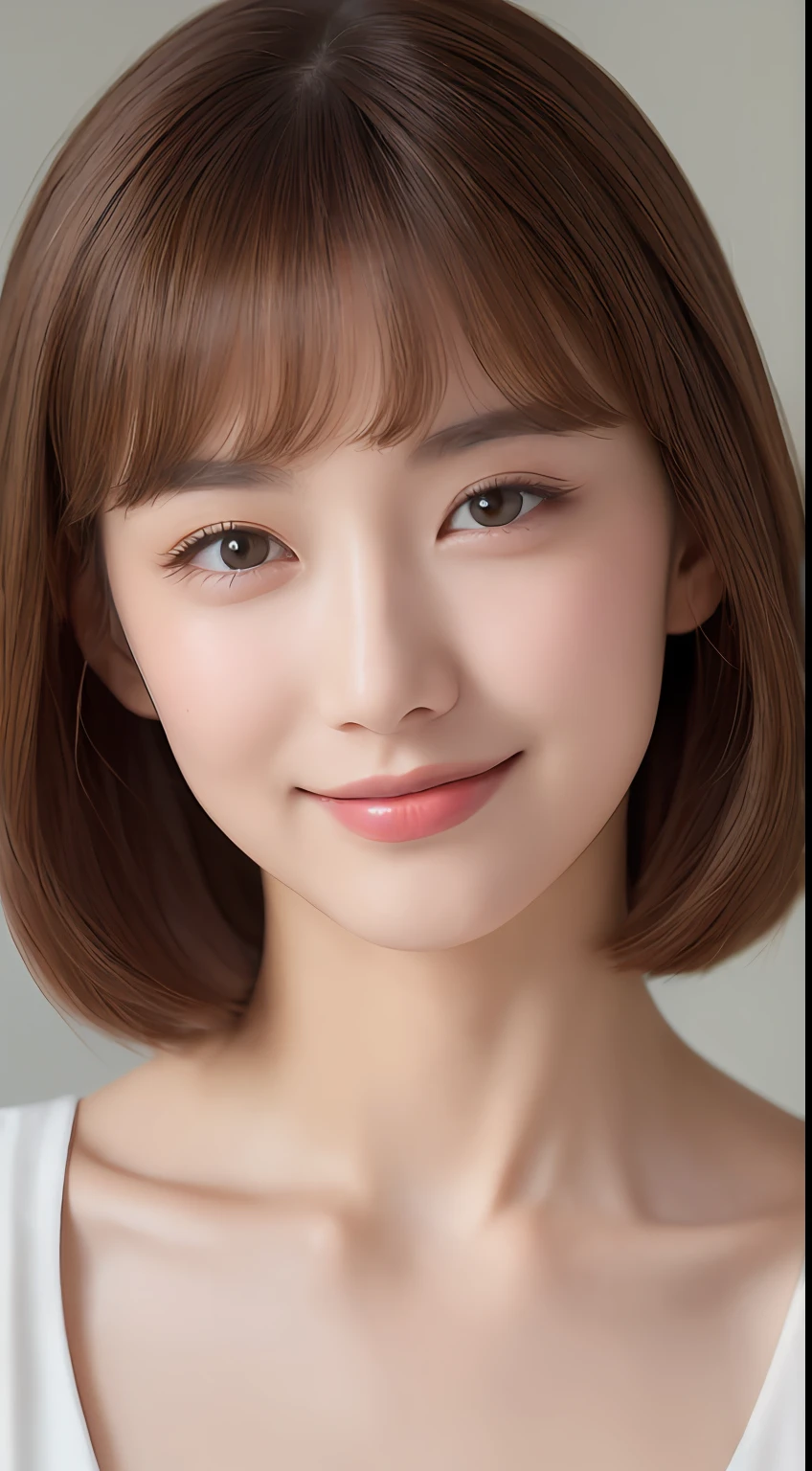 ((Best Quality, 8K, Masterpiece: 1.3)), 1 Girl, Slim Abs Beauty: 1.3, (Hairstyle Brown Hair Shortcut, Big: 1.2), Dress: 1.1, Super Slender Face, Delicate Eyes, Double Eyelids, Smile, Home, Raw Photo