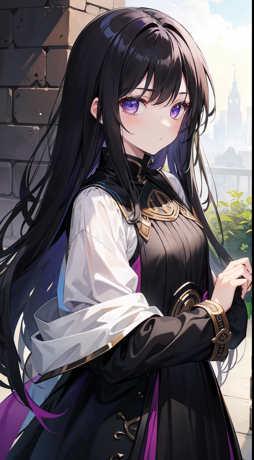 young girl, Long black hair, violet eyes, Men's armor, Masterpiece, hiquality
