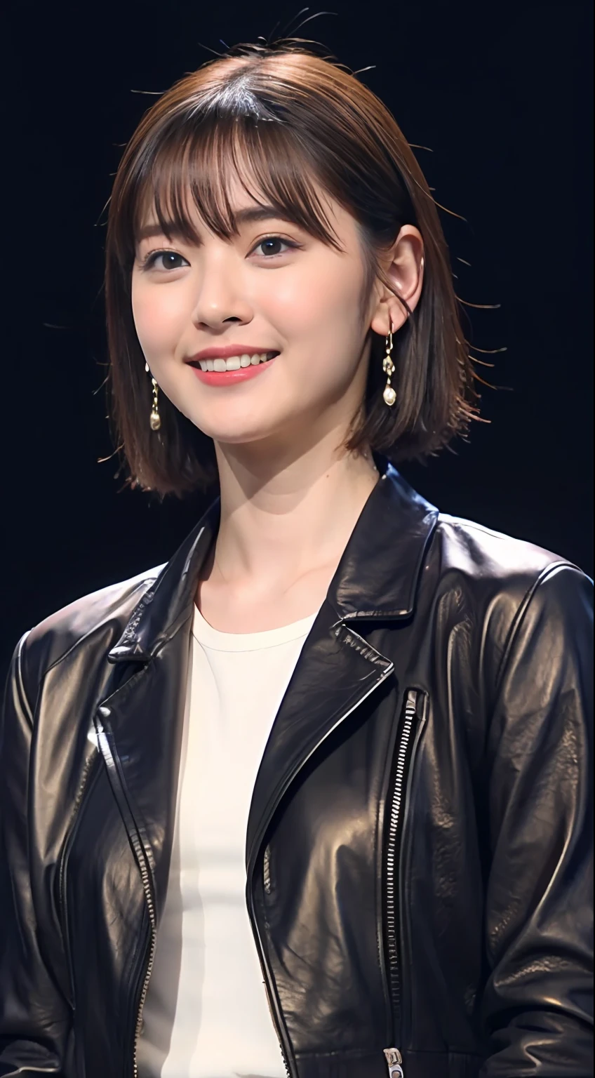 The highest image quality、超A high resolution、1girl in、beautiful countenance、Shorthair､Announcer in leather long-sleeved jacket、Sitting in the studio