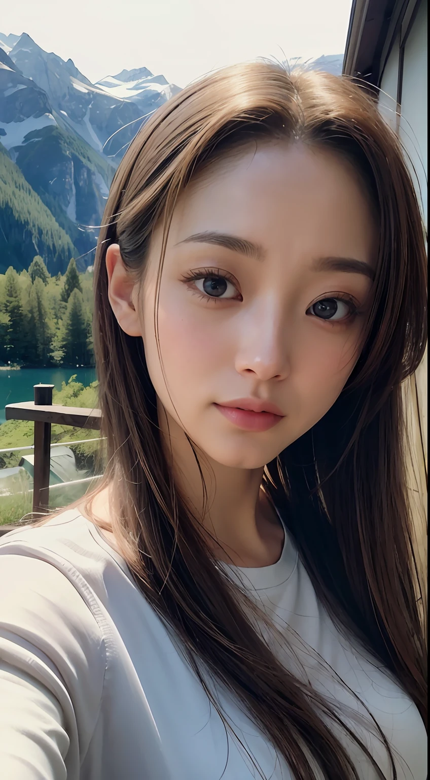doress、(Photorealsitic:1.4)、(hyper realisitic:1.4)、(realisitic:1.3)、(Smooth lighting:1.05)、(Improved lighting quality in movies:0.9)、32K、1girl in、20 years girl、Realistic lighting、Back lighting、Facial light、raytrace、(brightened light:1.2)、(enhanced quality:1.4)、(Top quality real texture skins:1.4)、finely eye、finerly detailed face、Fine quality eye、(Tired, sleepy and satisfied:0.0)、 close up of face、tshirts、(enhance body line mood:1.1)、(Increase the beauty of skin texture:1.1)、((Aya Ueto))、Switzerland、lake、the Alps