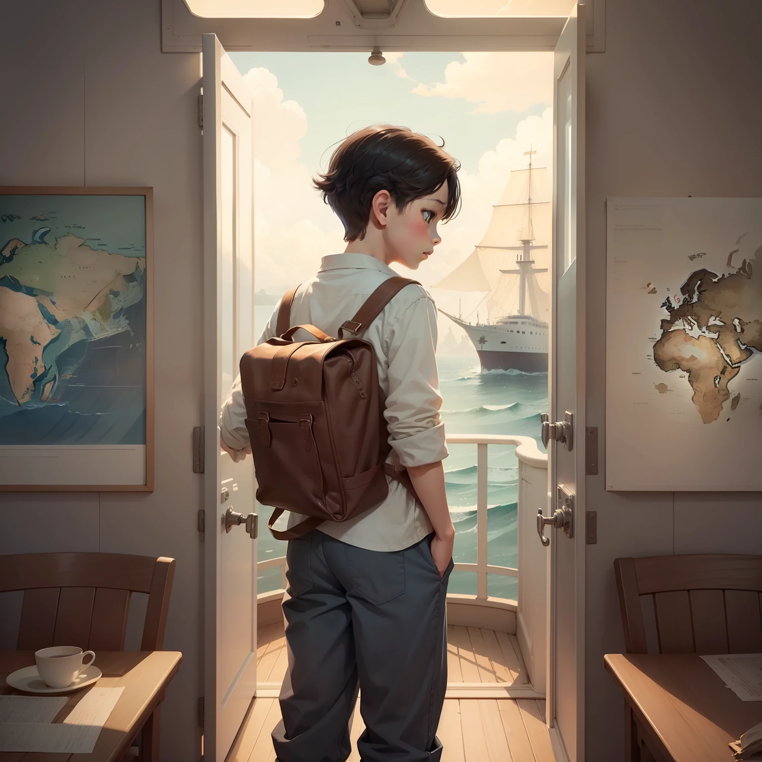 There is a boy on the deck of the ship Holding a map in his hand Long pants Back view At sea Watercolor Art for children at the art station, realistic fantasy illustration, Cinematic matte illustration, concept art of single boy, atey ghailan 8 k, jeongseok lee, by Alexander Kucharsky, Adam Marczyński, Marshall Arisman