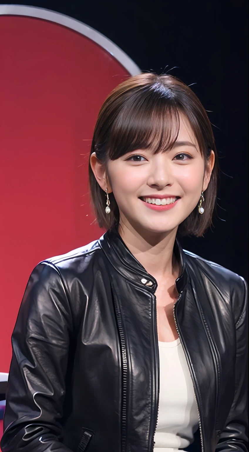 The highest image quality、超A high resolution、1girl in、beautiful countenance、Shorthair、Announcer in leather long-sleeved jacket、Sitting in the studio