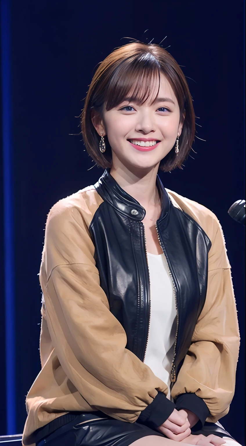 The highest image quality、超A high resolution、1girl in、beautiful countenance、Shorthair、Announcer in leather long-sleeved jacket、Sitting in the studio