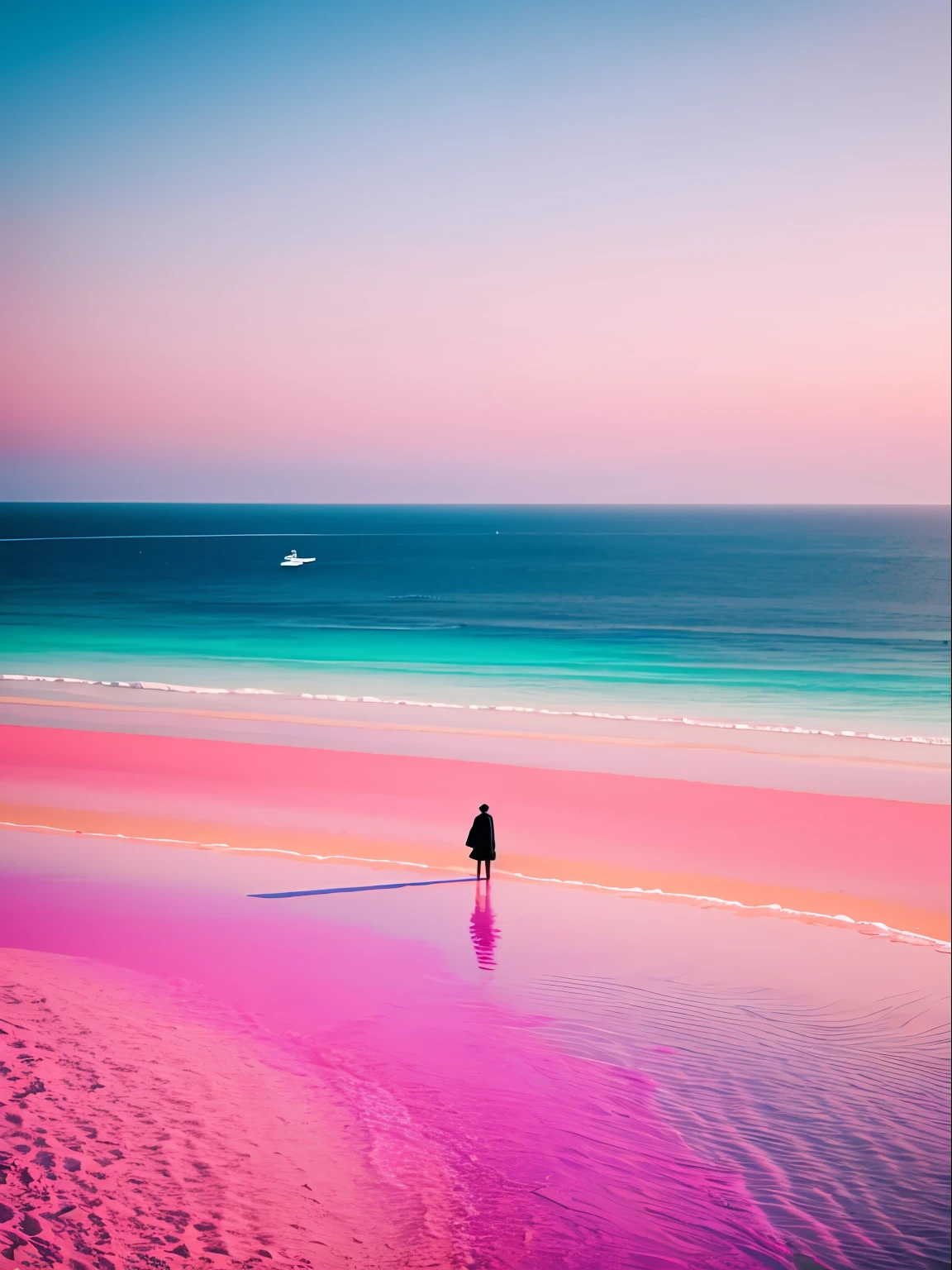 There is a man on the water on the shore who is on board, inspired by Scarlett Hooft Graafland, looking out at a pink ocean, author：Scarlett Hooft Glavland, author：Ibrahim Mott, breathtaking shot, amazing color photograph, unsplash contest winning photo, an absurdly beautiful, breathtaking composition, unsplash photo contest winner, drone photography, prize winning color photo