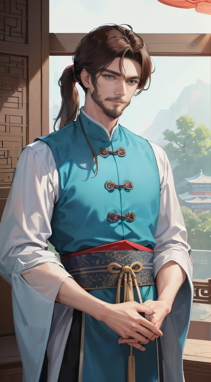 Masterpiece, Best quality, Daytime, 1 man, (Middle Age), (sbeard)Chinese style, Ancient China, Chinese palaces, (ssmile), Turquoise brown hair, grey blue eyes, split ends, Long hair, Long bangs, pony tails, Handsome, Handsome, Masculine, Serious, gentle, Tall, Quiet, light blue attire, Unicorn pattern,