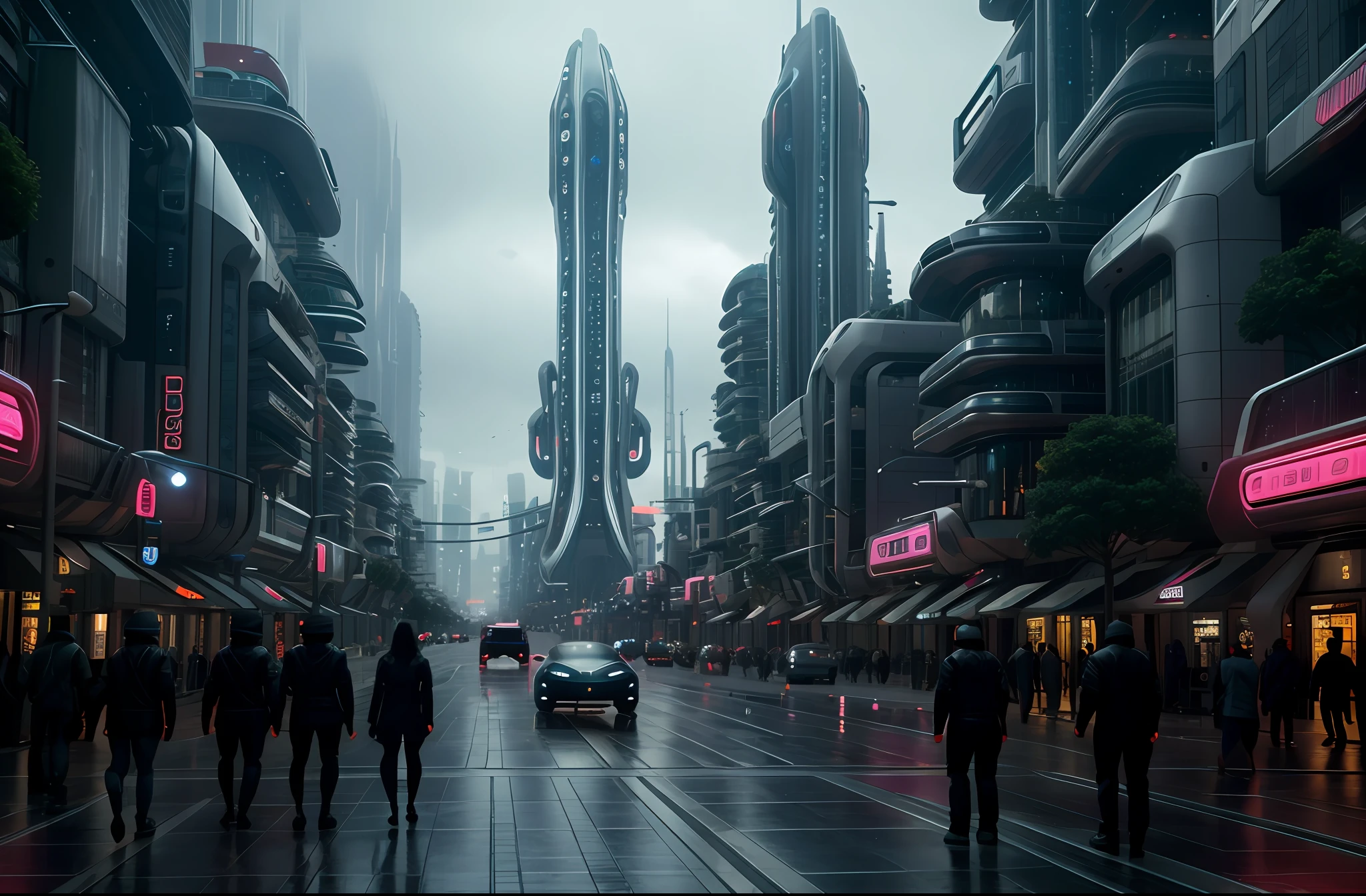 futurecity, rain, night, architecture, a bustling city street filled with people walking and riding bicycles. The street is lined with tall buildings, creating a futuristic atmosphere. robots and future cars, adding to the lively scene.