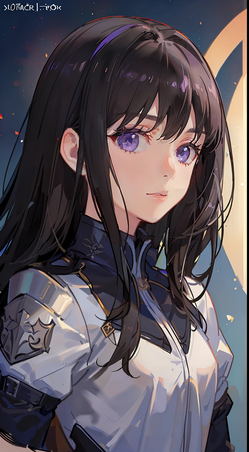 young girl, Long black hair, violet eyes, Men's armor, Masterpiece, hiquality