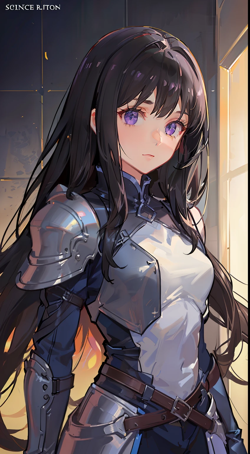 young girl, Long black hair, violet eyes, Men's armor, Masterpiece, hiquality
