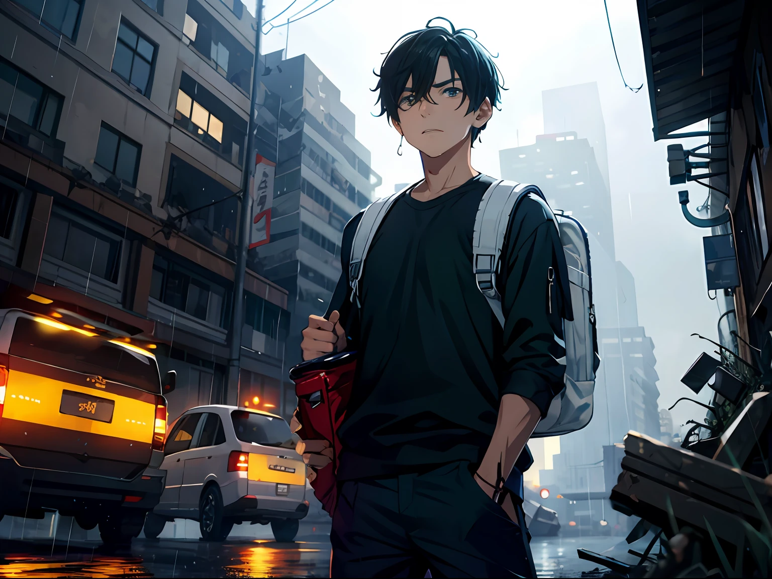 Ultra HD details、Ruined city、Rain sky、Giant trucks,Handsome boy in black、A hesitant expression appeared,carrying backpack