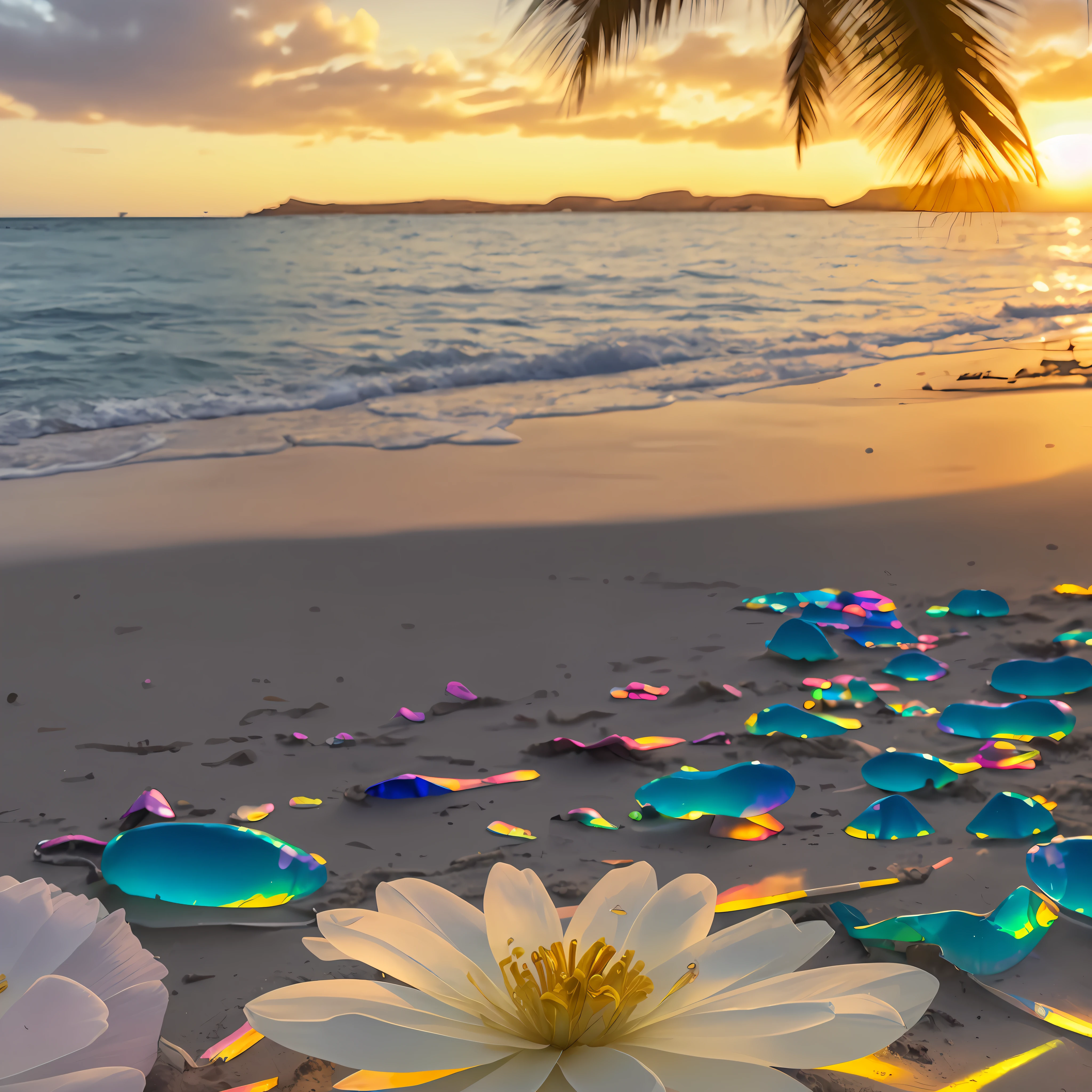There is a flower that is sitting on the beach near the water, camadas de reflexos coloridos, gold refractions off water, refracted sunset lighting, refracted sunset, reflexos brilhantes, beautiful composition 3 - d 4 k, Iridescent sparkling water, cores serenas, Iridescent reflections, which shows a beach at sunset, areia rodopiando