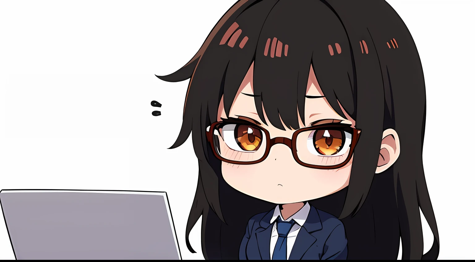 chibi, (best quality, masterpiece), 1girl, brown_eyes, black_hair, long_hair, simple_white_background, using a computers, business suit, glasses_black_flame, poker_face, solo