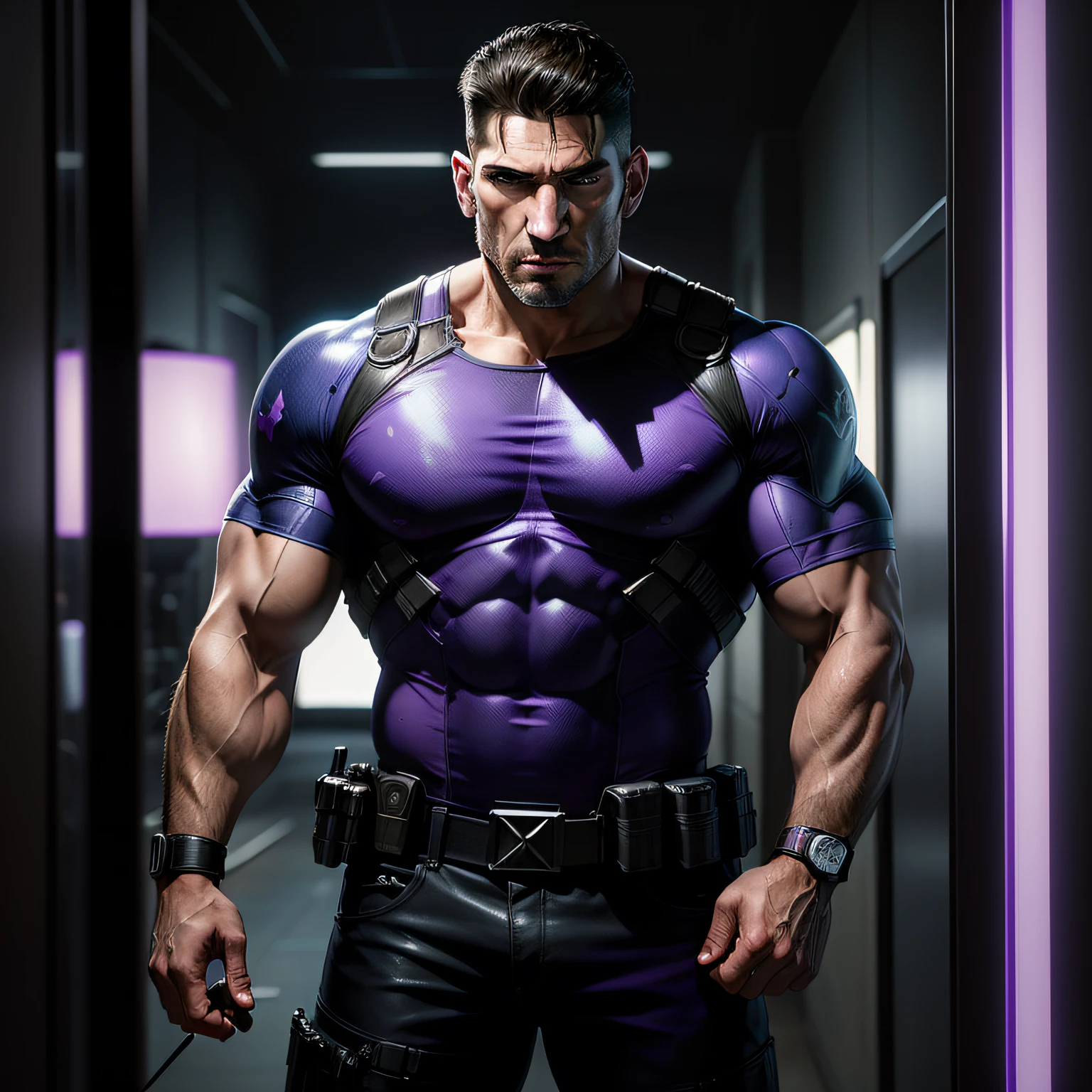 "Jon Bernthal as the Punisher, striking a charismatic pose under the reflected purple and blue lights. Captured with the utmost realism and the power of photography, using a Canon EOS R6."