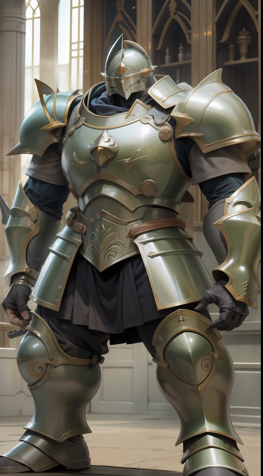 "Uma obra-prima em realismo 8k detalhado e animado dos personagen Alphonse Elric uma grande armadura grossa com marcas de batalha de Fullmetal Alchemist por Hiromu Arakawa."