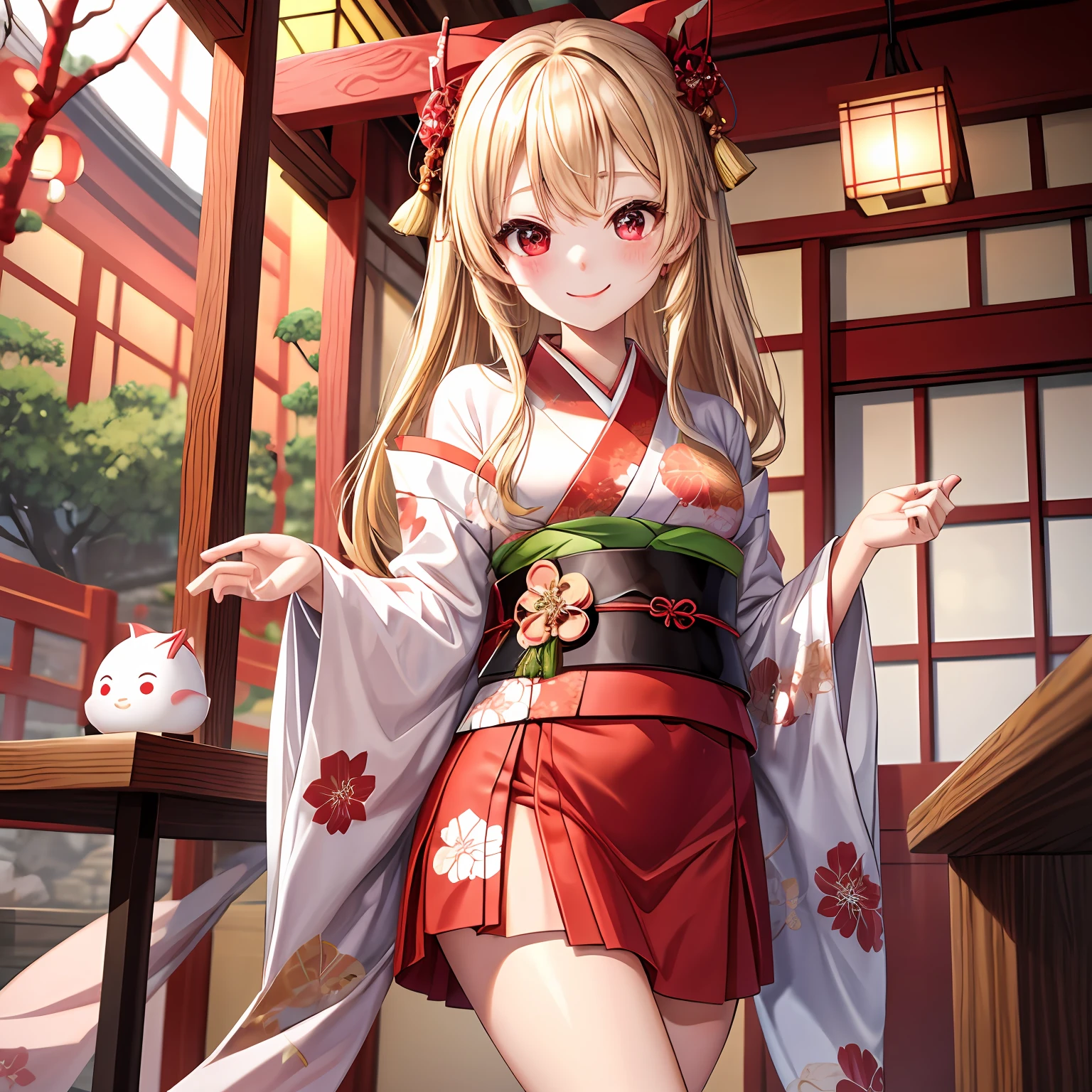 a blond、red eyes、One girl、kawaii、animesque、Kimono、a miniskirt、red blush、traditional Japanese room、a little bit smile