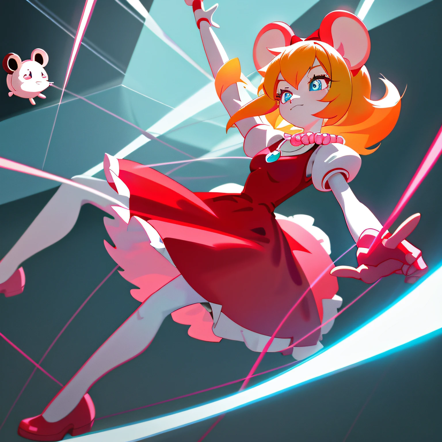 Cartoon robot girl in red dress and pink bow, Amy rose dress, beautiful mouse - girl, cartoonish style, hacking, loli in dress, female furry mini cute style, Cartoon Cute, The hand emits an electric current，Has an energy unit，Robot girl with long pale yellow hair and blue pupils，blue color eyes，Hung with a pearl necklace，pixal style。