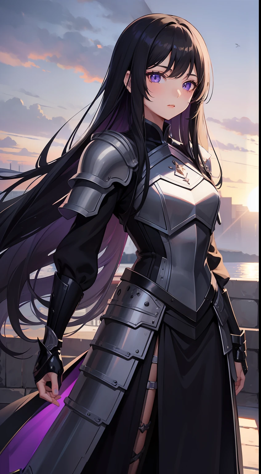 young girl, Long black hair, violet eyes, Men's armor, Masterpiece, hiquality