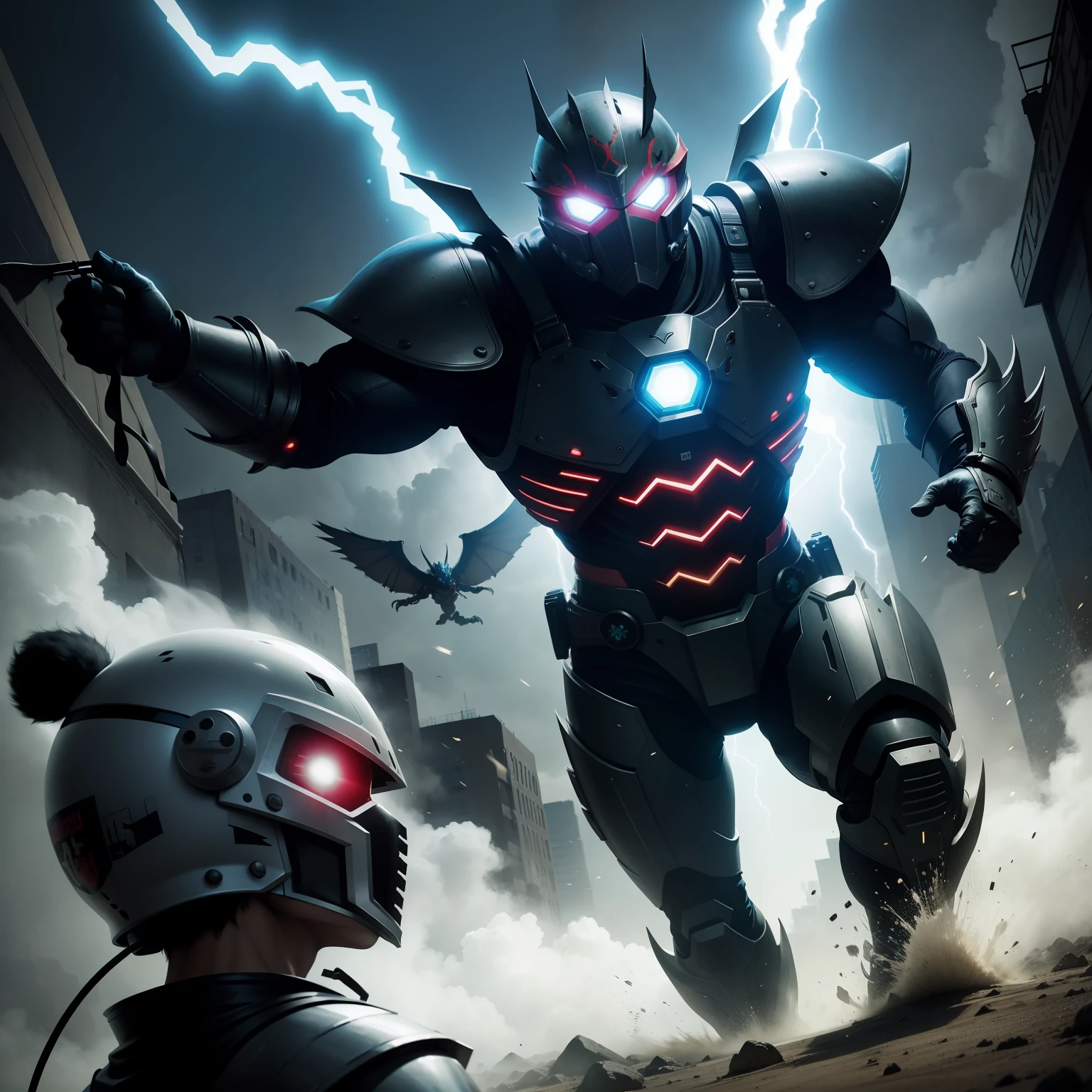 Fly monsters,Tokusatsu stills,Cool action,combat scene,Full coverage helmet,Showa manga,Mystery, High-quality images,dark horror,Japanese tokusatsu,Epic-level lighting effects