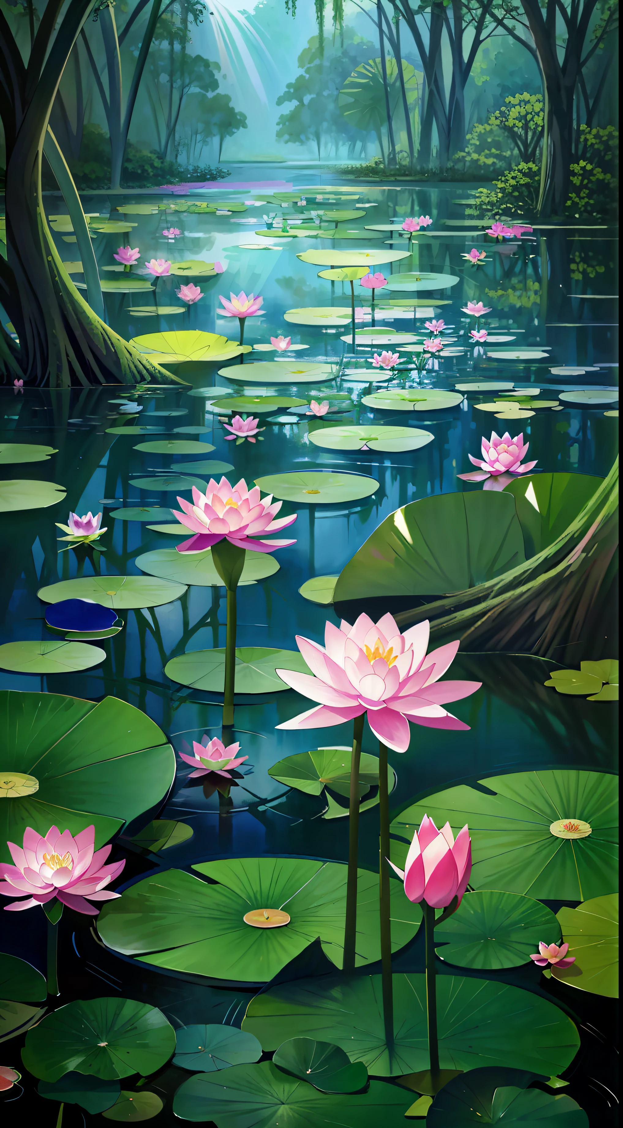 Swamp painted with pink water lilies and trees, Lotus pond, background artwork, lotuses, arte de fundo, waterlily pond, anime nature wallpap, floral environment, lotus flowers on the water, anime beautiful peace scene, lotuses, water lilies, Lotus, Anime Nature, water lily mat, Beautiful wallpaper, waterlily mecha nymphaea