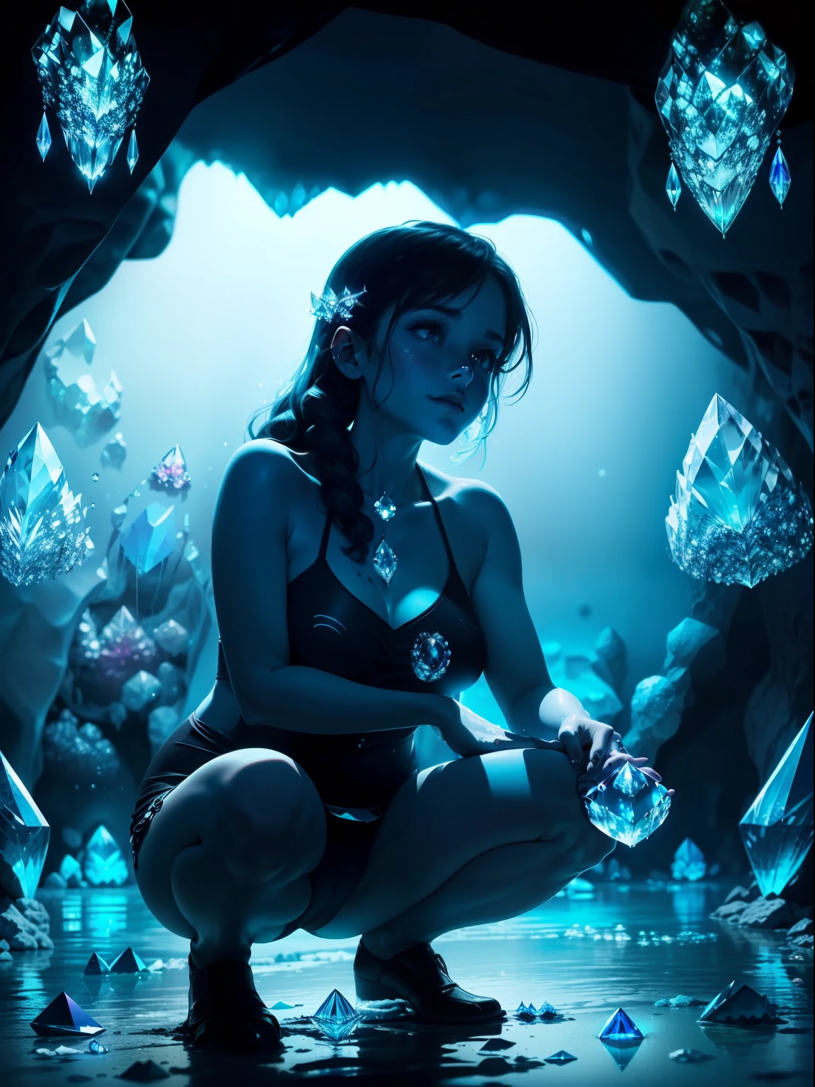 best quality, 4k, in a cave, a girl in black bathing suit, a girl squats, water, shining, daily life, ((girl touches water nicely)), (crystal:2), medium shot, spot light, (dark cave:2), (blue lighted water:2),