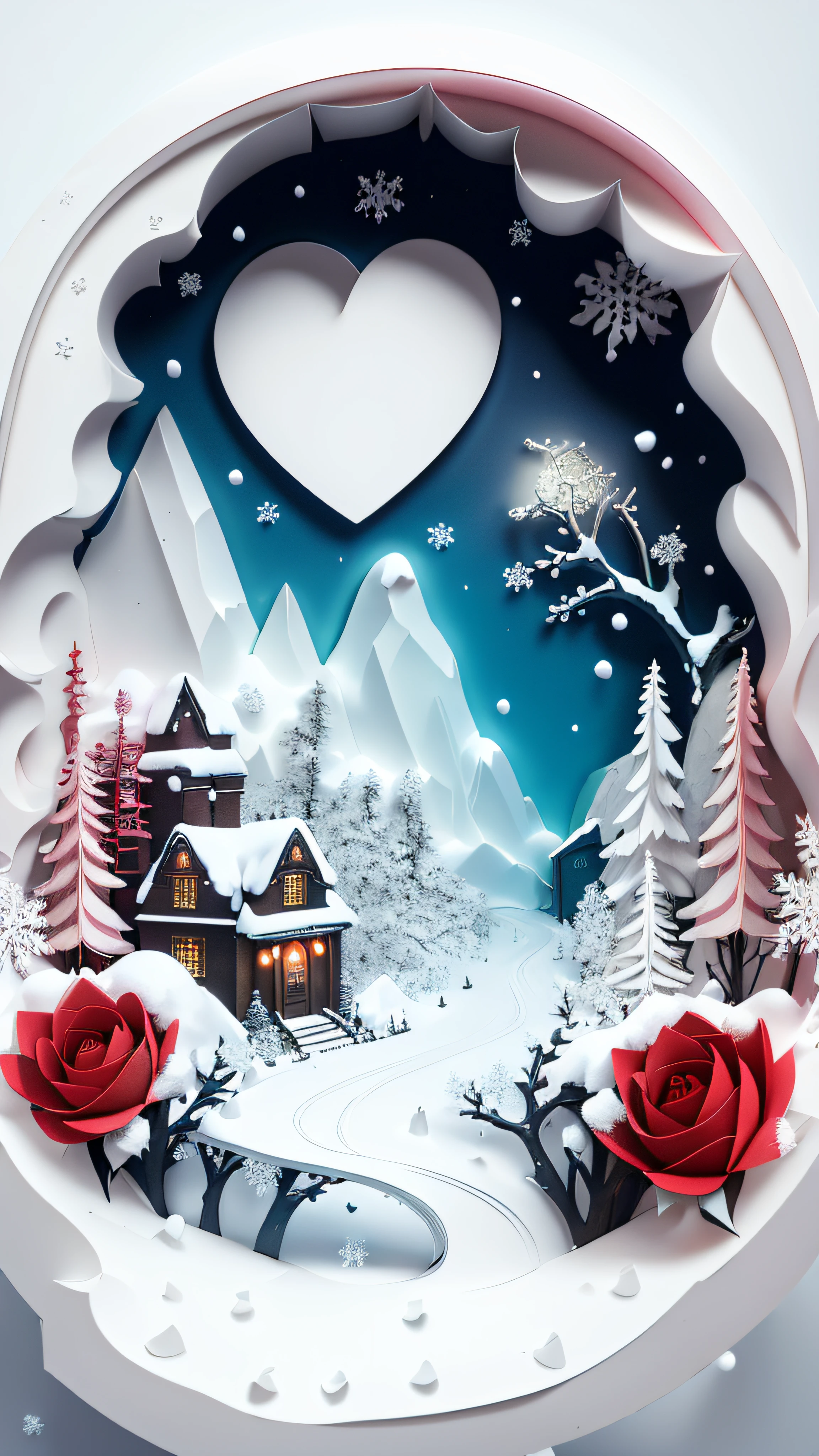 A heart-shaped arch,It has roses and snow on it,Located in the middle of the snowy landscape,There is a small road,Felipe Seade,Winters,a digital rendering,romanticism lain, Paper_cut
